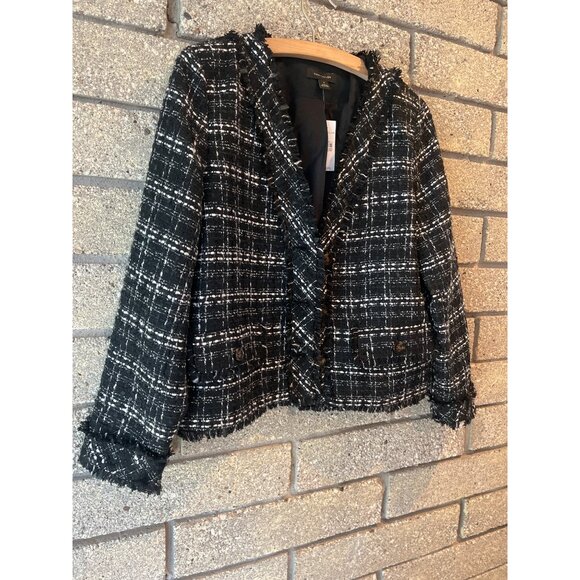 Ann Taylor Womens Black & White Tweed Fringed Button-Front Blazer Size 8 NWT - Picture 2 of 9